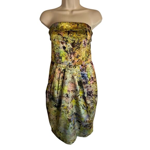 McGinn Womens Cocktail Dress Green Satin Strapless Watercolor 6 Pockets Pleated - Picture 1 of 11